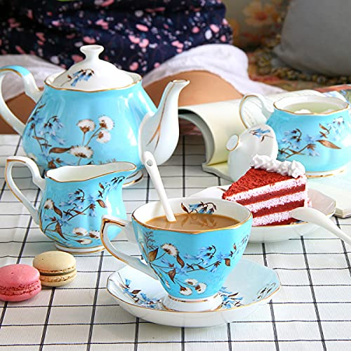 Juego de tazas de café expreso de porcelana, juego de taza y platillo, juego de té de porcelana de 15 piezas Juego de taza y platillo de café Servicio de café azul vintage, con azucarero y jarra de le