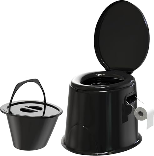 Lightweight and Portable 5L Camping Toilet with Seat, Lid, Handles Washable Basket and Roll Holder Compact Potty Loo Waste for Indoor and Outdoor Loo Caravan Picnic Pool Party and Festivals Black