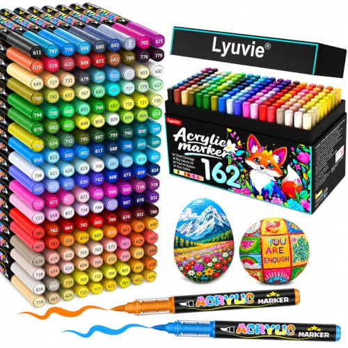 Lyuvie 162 Colores Rotuladores Acrilicos con Pincel a Base de Agua, Permanentes Acrylic Brush Markers para Pintar Piedras,Tela,Papel, Guijarros,Madera,Vidrio y Plástico