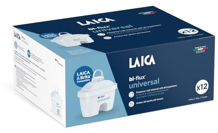 LAICA Bi-flux - Filtro universal para agua – Compatible con jarras Brita* – Preserva las sales minerales y reduce el cloro y los metales pesados – 12 meses de agua filtrada (12 filtros x 150 L