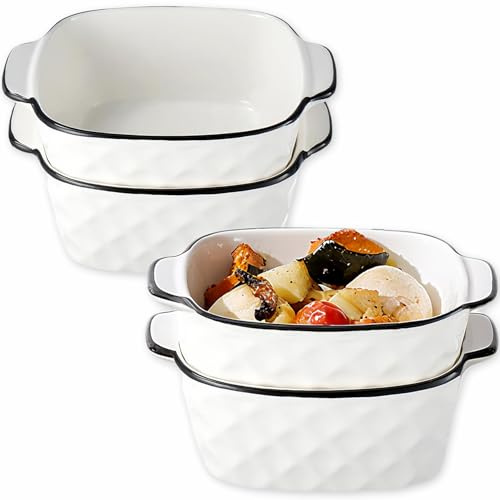 Exquilnova 13.5OZ Ceramic Oven Dishes set of 4,5.7 Inches Rectanglar Lasagne Dish,Small Baking Dish with Handles,Pie Dishes for Air Fryer,Oven,Microwave,Refrigerator(Diamond Block)