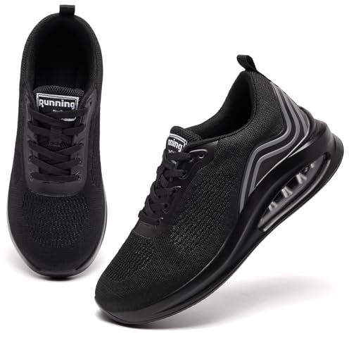 Women Trainers Black Running Shoes Ladies Arch Support Memory Foam Plantar Fasciitis Orthopedic Shoes Air Cushion Lace Up Comfort Breathable Non Slip Gym Sneakers All Black UK 5