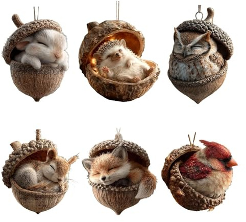 6Pcs Weihnachtsbaumschmuck Waldtier Eichels Ornamente, Tier Hängenden Weihnachtsschmuck Anhänger, Niedliche Eicheln Und Tannenzapfen Acryl Christbaumschmuck,Wohnzimmer Ornament