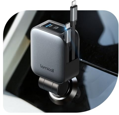 Lamicall 4-IN-1 Caricatore Auto Ricarica Rapida - [2 Cavi Retrattili] 75W Accendisigari USB C, 180° Pieghevole Adattatore Accendisigari, con Cavo Type-C/Cavo iPhone, Porta USB-C/A, per iPhone/Samsung