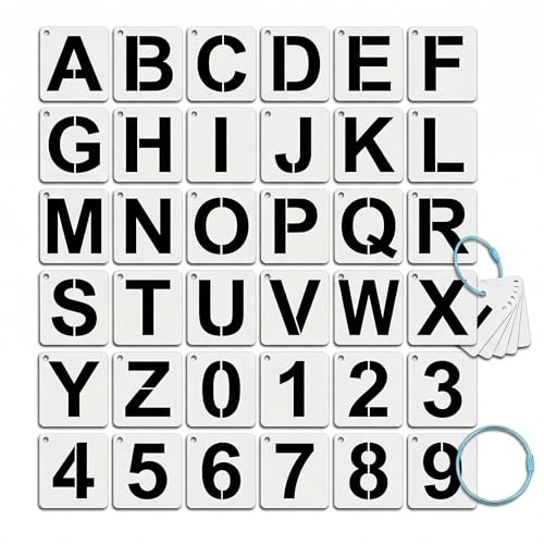 2.5 Inch Plastic Letter Number Stencils, Stencils for Wood Wall Painting | 36 Pcs Alphabet Templates with 2 Storage Rings, Reusable Painting Letter Stencil for Signs, Fabric, DIY Art Projects, Crafts