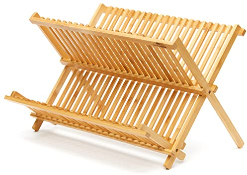 RoyalHouse Premium Natural Bamboo Dish Rack, Collapsible Dish Drainer, Foldable and Compact Dish Drying Rack for Kitchen Counter
