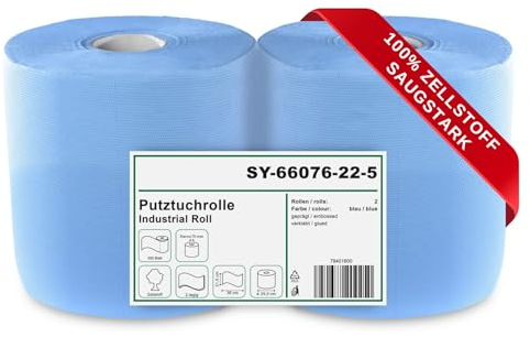 2 x blaue saugstarke Papierrolle, 1000 Blatt, 22x36 cm | 2-lagige perforierte Papiertücher | Putztuchrolle für Industrie, Werkstatt und Restaurant | Durchmesser 25 cm