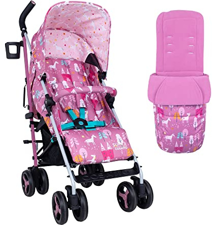 Cosatto Supa 3 Pushchair with Footmuff – Lightweight Stroller from Birth to 25Kg - Easy, Compact, Umbrella Fold, Large Shopping Basket, Carry Handle Footmuff (Dusky Unicorn Land)