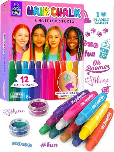 Purple Ladybug 12 Vibrant Colour Hair Chalks for Girls with Glitter Tattoos - Birthday Gift for Kids & Teens - Easy Wash Out, Safe Non-Toxic Temporary Hair Colour for Kids