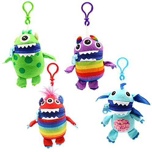 Worry Yummy Monster Clip On Keyring Childrens Soft Toy Pack of 4-13cm (5 1/2) - Soft Cuddly Toy For Kids - Boys & Girls Anxiety, Stress & Fear Reducing - Bag Clip Toy