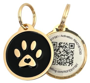Husdjurs boende premium QR-kod husdjurs-ID-taggar – hundtaggar och kattetiketter, anslut till husdjursprofil, få omedelbar skannad etikettplats e-postvarning (guld svart tass)