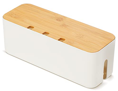 Cable Tidy Box,Large Cable Management Box Cable Organizer Storage Box with Bamboo Lid for Hiding Messy Cables Wire Management White 14.2x 5.1x 5.1