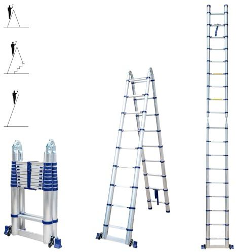 Echelle télescopique articulée 5,6m STEMPAKT, escabeau 2x9 marches Pliable Professionnel Multifonction, H Max Travail 6,5m, Garantie 5 Ans, Hoström