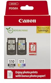 Canon Multipack Cartuccia & Carta - 2 Cartucce per Stampante Originali PG-510/CL-511 (1 x Nero, 1 x Colori) & 4x6 Carta Fotografica (50 x Fogli)