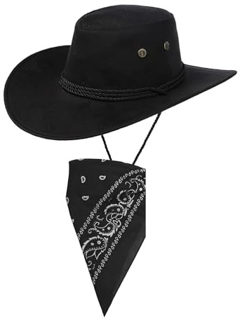 Komonee Black Cowboy Hat and Black Bandana Western Sun Cap Faux Felt Leather Suede Fancy Dress Party Costume Outfit Neckscarf Sun Protection Mens Womens