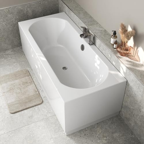 Baystone 1800 x 800mm Double Ended Straight Bath White Gloss Soaking Bathttub, Acrylic Baths for Bathrooms, Straight Curved, Adjustable Feet, No Panel