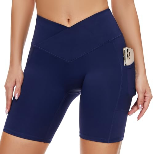 SIMIYA Cuissard de Cyclisme Femme Legging Court de Sport Taille Haute avec Poche Design en V sous-vêtement Été pour Yoga Gym (Bleu V, L)