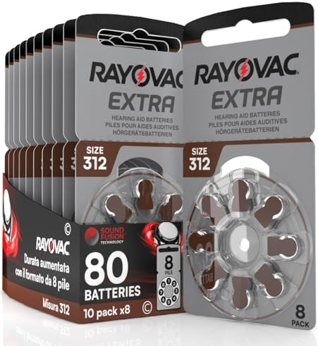 80 Batterien für Hörgeräte Rayovac Extra Größe 312 mit Sound Fusion Technologie - 10 Blister mit 8 Batterien