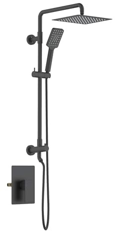 KIBI Cube 2-Function Wall Mounted Rain Shower Column | Bathroom Shower Faucet System with Solid Brass Rough-In Valve, 10 Rain Shower Head | Easy Temperature Control (Matte Black, KSC404)