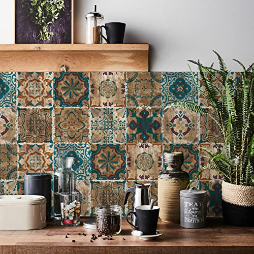 HORIWE Adesivi per piastrelle marocco, 24 pezzi, 10 x 10 cm, in PVC, autoadesivi, per cucina, bagno, armadio, mobili, tavolo
