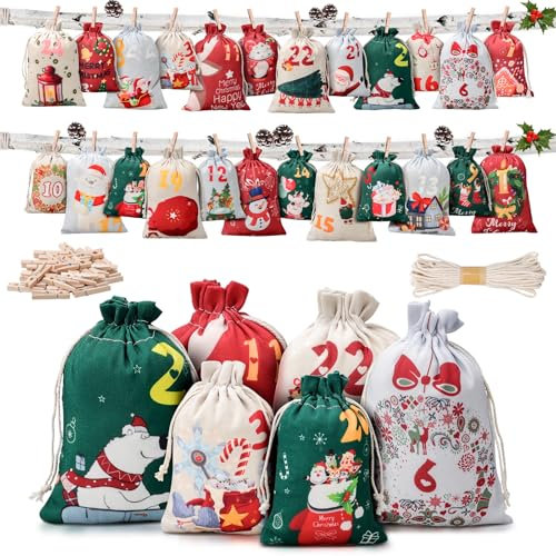 Adventskalender zum Befüllen 2025, 24 Adventskalender Sackerl Selber Befüllen Kinder, 2 Größen von Adventskalender Tüten Stoff, Leer Adventskalender Säckchen Groß, Weihnachtskalender zum Befüllen