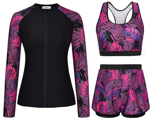 JASAMBAC Rash Guard Sets Womens,Swimming Costume Women, Tummy Control Swimwear Rash Guard Swimsuit UPF 50+ Bikini Top & High Waist Boyshorts Zipper Modest Swimwear Bathing Suit Soft Surf Suit