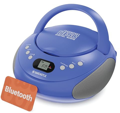 OAKCASTLE CD250 Boombox portátil con Bluetooth, Controles Sencillos, Reproductor de CD para niños, Reproductor de CD portátil con Radio FM, 30 ajustes de Radio, indicador LED (Azul)