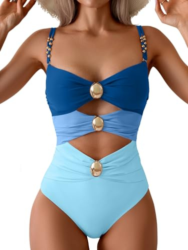 B2prity Cutout One Piece Swimsuit Tummy Control Ruched Monokini Color Block Bathing Suit for Cruise Vacation