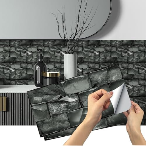 AMOYUN Reusable Tile Stickers for Renters - Removable Vinyl Self Adhesive Wall Tiles, Heat Resistant Kitchen Backsplash & Bathroom Splashback (15cm x 30cm, Stone Effect