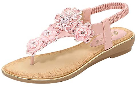 Generisk dam trekkingsandaler sommar lätta sandaler eleganta platta med elastiska ankelremmar utomhussandaler Slingback skor fashionabla damvandringsskor med blommor låg klack kontorsskor, ROSA, 39 EU