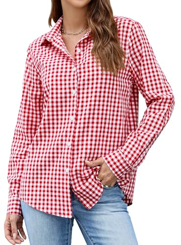 LOMON Button Down Shirt for Women Spring Summer Tops Long Sleeve Gingham Plaid Collared Business Dressy Casual Blouses (Red Plaid, S)
