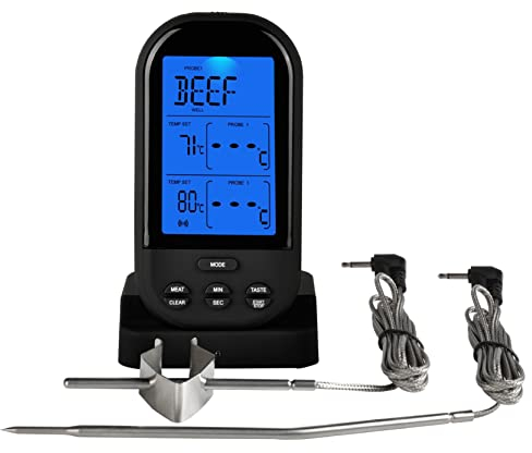Jayron Wireless Digital Meat Thermometer Kitchen Timer With Dual Probes Cooking Thermometer for Beef Smoker Oven Grill BBQ(BLACK)