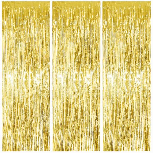 TONIFUL 3 Packs Gold Metallic Foil Fringe Curtains Streamers Backdrop | 3.3 x 6.6 ft Metallic Tinsel Streamers Photo Booth for New Year Birthday Graduation Bachelorette Wedding Party Decorations