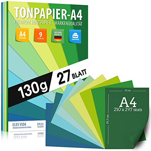 27 Blatt TONPAPIER - Papier DIN A4-130g/m² Set 9 Farben – Stabil Bastelpapier & Farbige Blätter, Kinder & DIY Bogen, Zubehör Marine - Grün - Gras - Blau Ozean - Natur farbend zum Basteln & Drucken