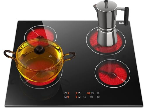 Karinear Drop-in 4 Burner Electric Cooktop 24 Inch Radiant Cooktop, Electric Stove Top with Residual Heat Indicator, Child Safety Lock, Timer, 220-240V, 6000W, Hard Wire(No Plug)