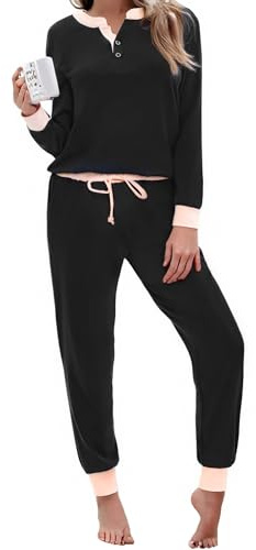 Aseniza Pyjama Femme Hiver Coton Ensembles de Pyjama Femmes Chauds Manches Longues Vêtements de Nuit Couleurs Contrastées Ensemble Pyjamas Tenue de Nuit 2 Pièces Vêtements de Détente Loungewear