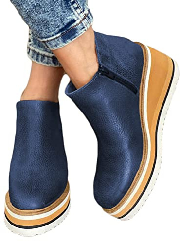 shownicer Bottines pour Femme à Talon Compensé avec Fermeture Eclair Latérale Plate Forme à la Cheville Bottes Tendance à Tige Courte Chaussures Décontractées Bleu Marine 36 EU