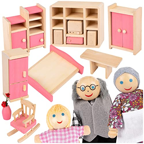 Kinderplay Puppenhaus Möbel Holz - 11-teiliges Puppenhaus Zubehör Holz, Bestehend aus Puppen, Kleiderschrank, Kommode, Blumen. Figuren von Oma, Opa, Kind, Modell GS1230