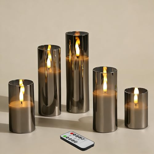 Eywamage Grey Glass Flameless LED Candles with Remote, Flickering Slim Tall Battery Operated Pillar Candles Set of 5
