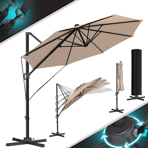 KESSER® Sonnenschirm Ampelschirm SUN Rund XL Ø330 cm Inkl. Abdeckung, 7-Fach Verstellbar Drehbar Neigbar Kippbar Groß 360° Drehbar Gartenschirm mit Kurbel Sonnenschutz UV50+ Taupe