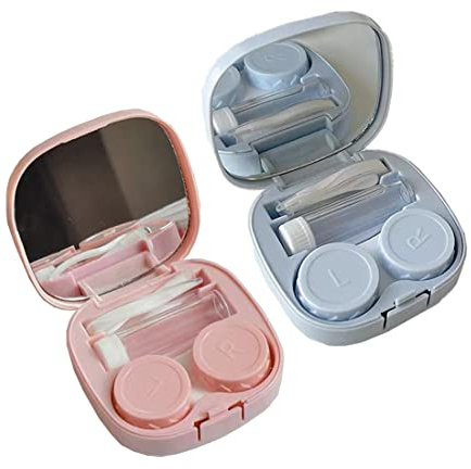 2 Stücke Mini Reise Kontaktlinse Etui mit Spiegel Kontaktlinse Halter Tragbar Box Behälter Einfach Kontaktlinse Etui Set Einweich Aufbewahrung Koffer（Rosa und blau）