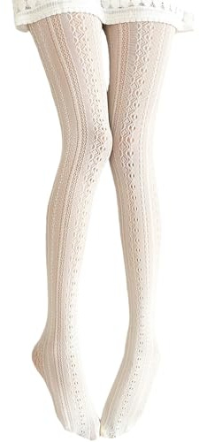 Ailan Cotton Lace Tights Breathable Striped Hollow Out Pantyhose, White