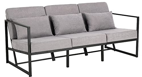 Mingone Divano 3 Posti in Tessuto Lino con Imbottito Design Moderno Divanetto con Braccioli con 3 Cuscini con Gambe in Metallo adatto a Soggiorni Camere da Letto Camere Degli Ospiti, Grigio Chiaro