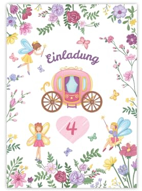 Minkocards 12 Einladungskarten zum 4. Kindergeburtstag Feen Prinzessin Mädchen Einladung vierte Mädchengeburtstag Geburtstagseinladungen