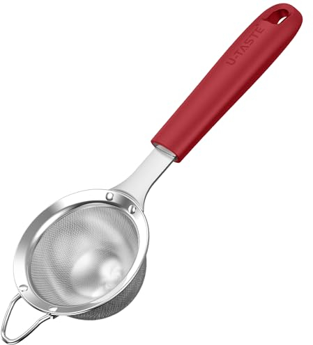 U-Taste Tamiz de malla fina pequeño: colador de cocina de acero inoxidable 18/8 de 8,5cm con mango de silicona resistente remachado, ideal para tamizar harina, colar té, arroz, quinua (Rojo)