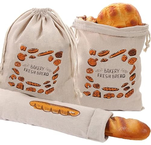 3 StüCk Leinenbeutel Bread Bag Mit Kordelzug Brotbeutel Frischhalten Brot Aufbewahrung Wiederverwendbar FüR Brot,Baguette,Obst,GemüSe