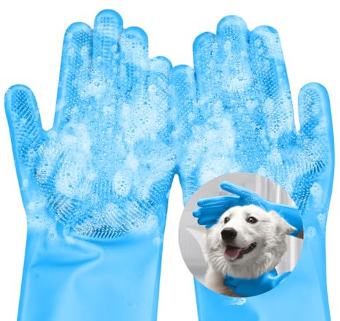 AMFUN Dog Washing and Bathing Gloves, Silicone Cleaning Multifunction Anti-Slip Massaging Gloves for Dogs and Cats, Blue