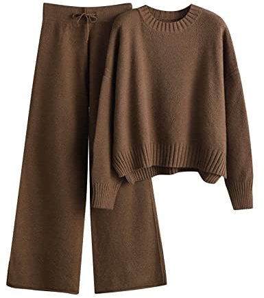 HEONSATI Tuta in Maglia da Donna Eleganti Completi 2 Pezzi Lavorati Comodo Completo Pullover Top Maniche Lunghe Pantaloni a Gamba Larga in Vita Tute Sportive Invernale Set Di Maglia Leggera