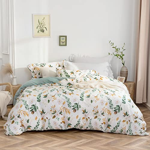 SOULFUL Bettwäsche 135x200 Baumwolle 2 Teilig, Bettwäsche-Sets mit Pflanzenmuster, Reißverschluss, ÖkoTex Zertifiziert, Enthält 1 Bettbezug 135x200 und 1 Kissenbezug 80x80, Grün（Kaelyn）