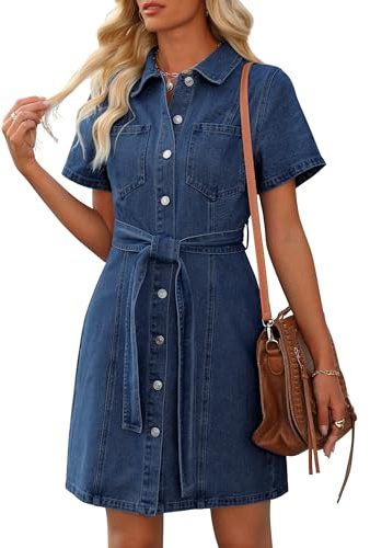 Nitzana Women's Denim Dress Summer Short Sleeve Jean Dress Button Down Denim Shirt Dresses with Pocket 2025 Trendy Outfits(Dark Blue,L)